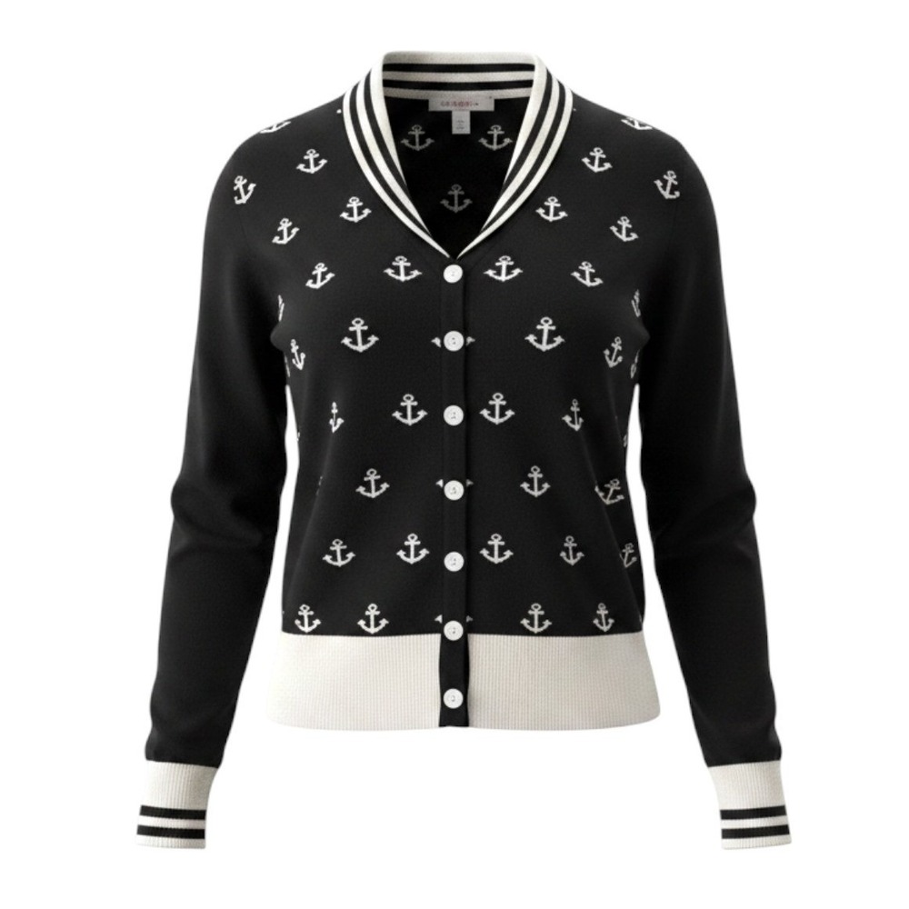 Banned Apparel Cardigan Viscose Anchor Nautical Slim Black White Rockabilly L